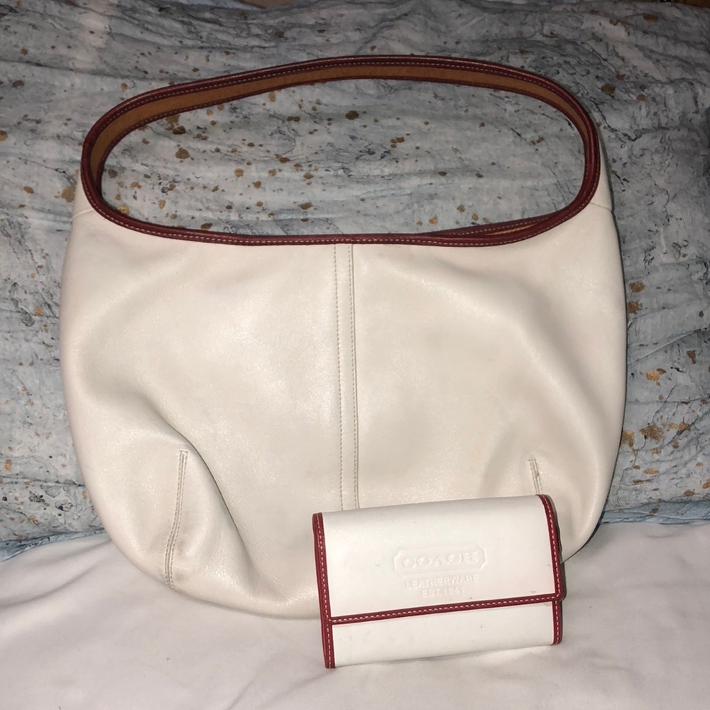 Cream coach bag with red accents & matching wallet